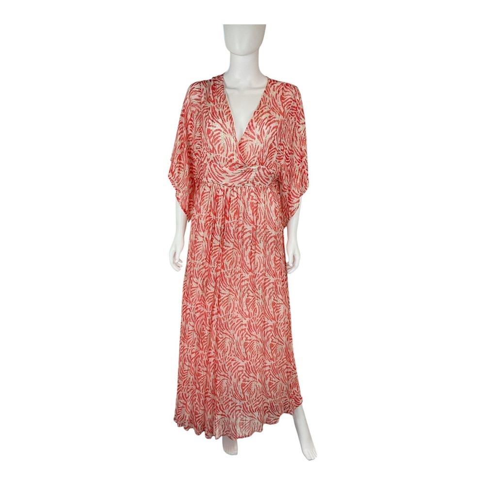La Plage Jaipur Maxi Dress Women's Size S Red Print‎ Kimono Sleeve V Neck - Picture 2 of 12